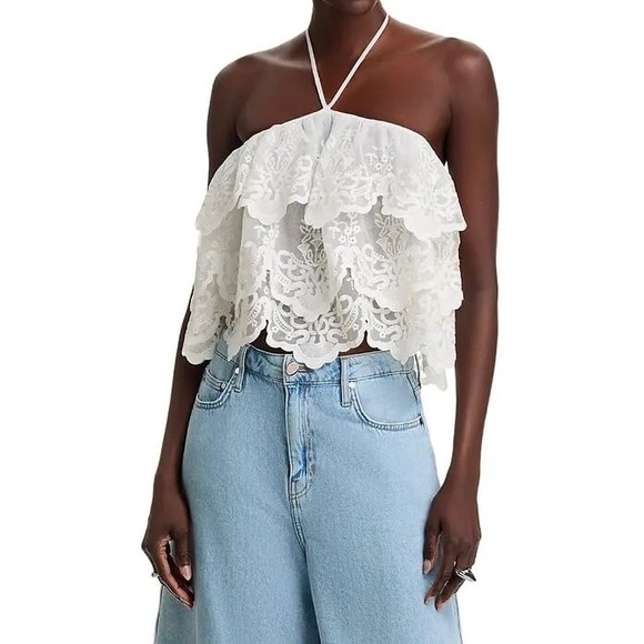 Aqua Tops - AQUA Lace‎ Halter Top Ruffle Tiered Sleeveless Party Festival White M